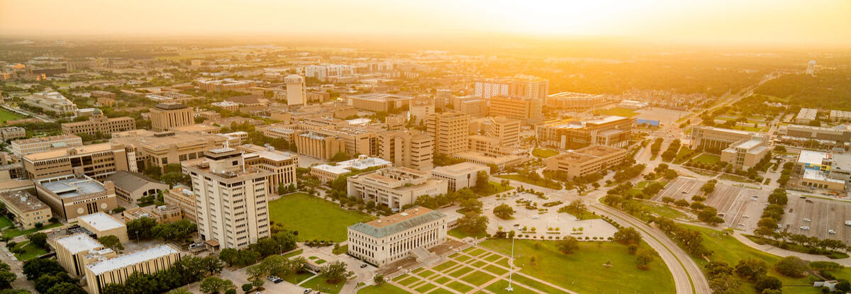photo of campus at sunset
